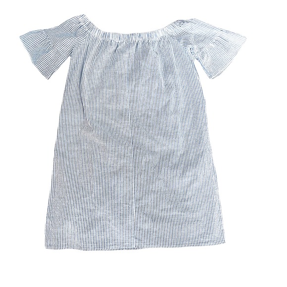 Pink Lemonade Seersucker Off Shoulder Dress Blue White Striped Belted Small - Picture 4 of 7